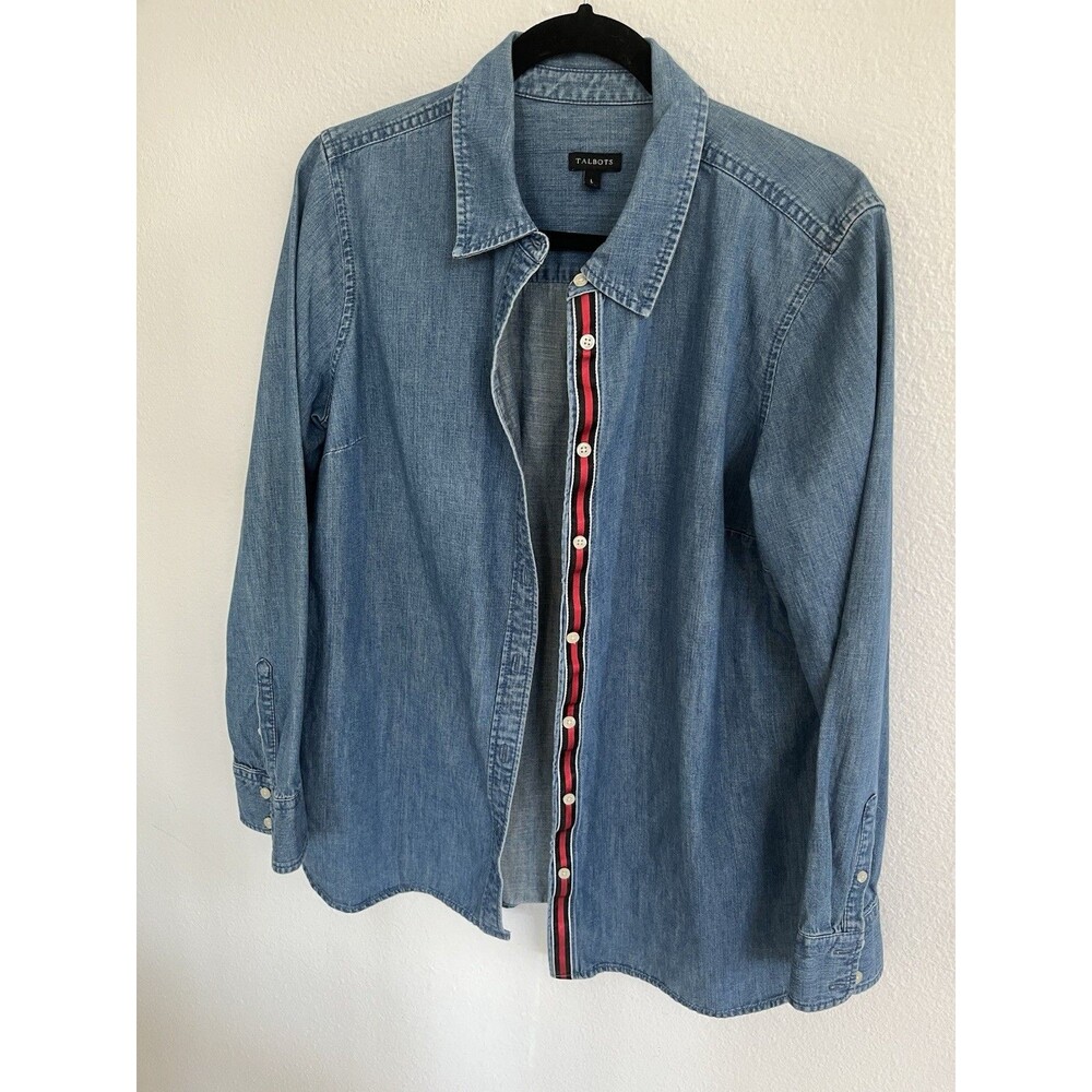 Talbots Womens Sz L Blue Denim Chambray Shirt Red Striped Placket Trim Casual